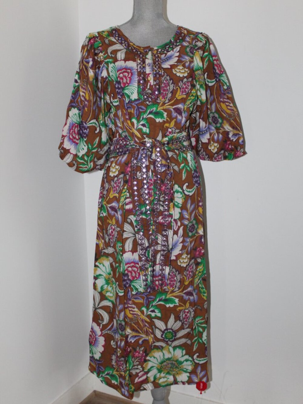NWT MISS JUNE Margot Floral Print Midi Dress Belted Mirror Accented One Size